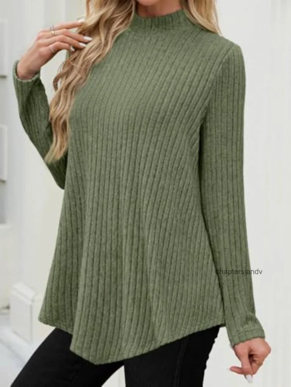 Mock Turtleneck Tunic Sweater Long Sleeve Ribbed Knit Top